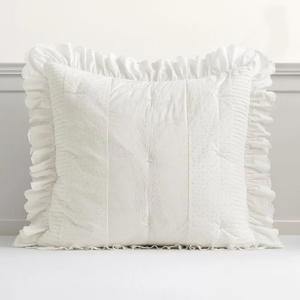 LoveShackFancy Ivory Eyelet Euro Pillow Sham Cover Ruffle Trim Floral 26